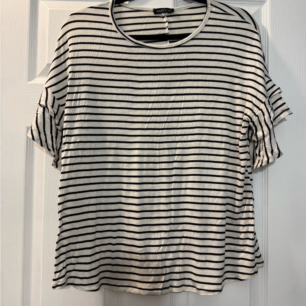 HEIMISH USA Black and White Striped Short Sleeve Top Flutter Sleeves